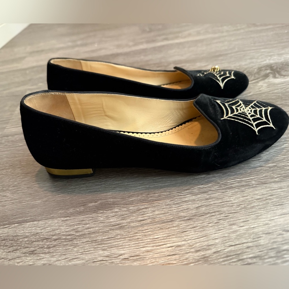 RARE Charlotte Olympia Black Velvet Spider Web Flats 39